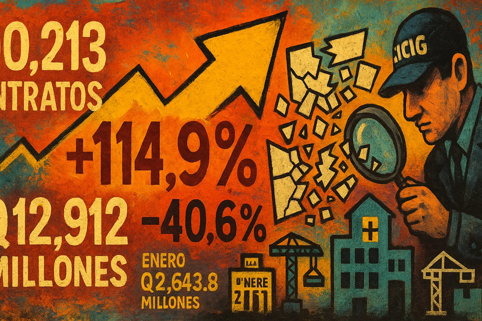 Mural urbano colorido en estilo graffiti: grandes cifras “+114.9%” y “−40.6%” sobre un fondo naranja y azul, un manojo de documentos numerosos apilados con “Q12,912 millones” y “100,213 Contratos”; un agente de la CICIG con lupa inspecciona contratos quebrados en pedazos que caen hacia pequeños iconos de hospital y grúa de construcción, todo sobre un muro texturizado.